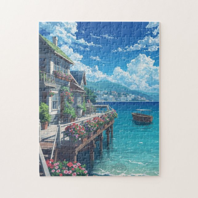 Quebra-cabeça Anime Coastal Village Jigsaw Puzzle – Seaside Flow (Vertical)