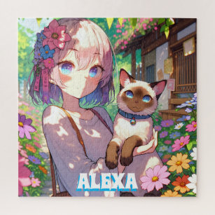 Quebra-cabeça Anime Girl and Siamese Cat Personalizado