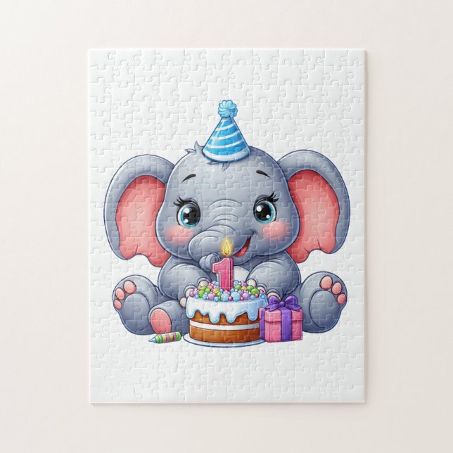 Quebra-cabeça Aniversário de 1 ano do Elefante Bebê (Vertical)