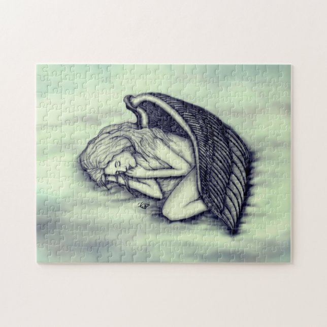 Quebra-cabeça Anjo dormindo no céu nuvens em verde (Horizontal)