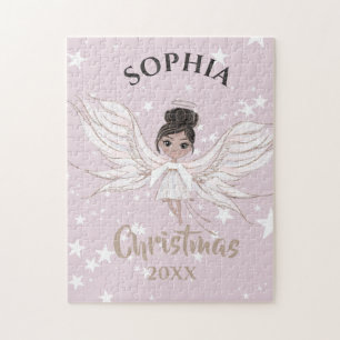 Quebra-cabeça Anjo Natal Cabelo Escuro Cor-de-Rosa Branco