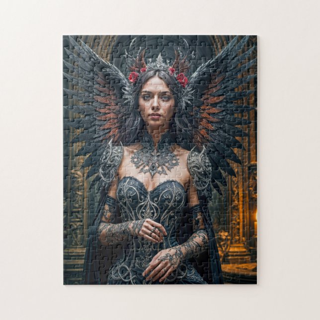 Quebra-cabeça Anjo Negro com Coroa e Rosas (Vertical)