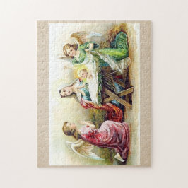 Quebra-cabeça Anjos do vintage que cercam o bebê Jesus e Mary