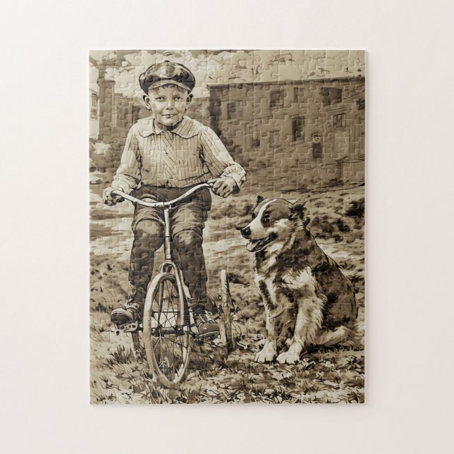 Quebra-cabeça Antigamente Menino de Bicicleta Com Cachorro (Vertical)