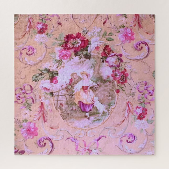 Quebra-cabeça Antiquado Estilo Vitoriano de Rococo Toile Rosa Fl (Vertical)