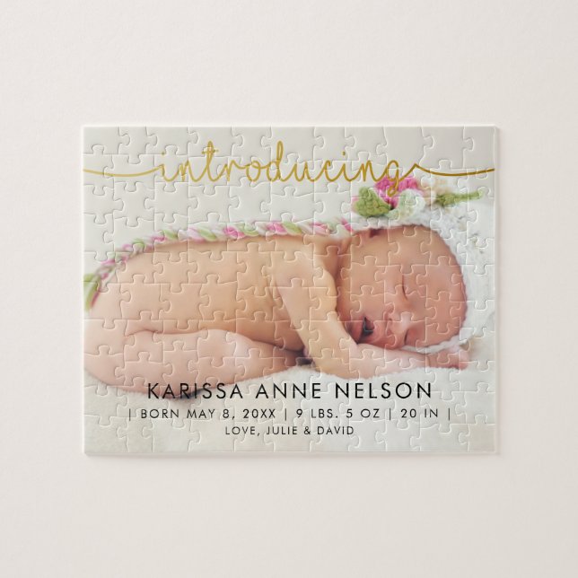 Quebra-cabeça Anúncio de Nascimento Presente Personalizado de Fo (Horizontal)