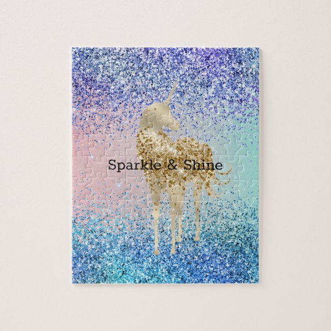Quebra-cabeça Aqua Purple Glitter Sparkle Dourado Unicorn (Vertical)
