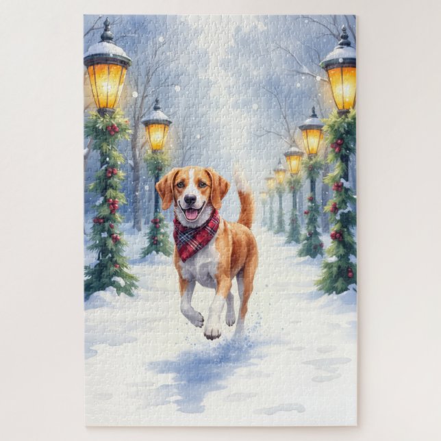 Quebra-cabeça Aquarela Beagle Parque Nevado Natal Férias (Vertical)