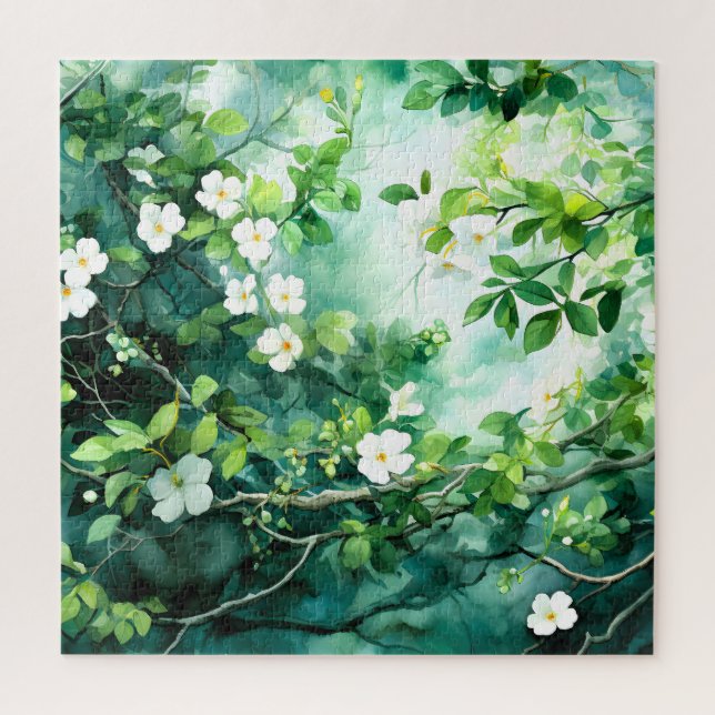 Quebra-cabeça Aquarela Botânica Flores Brancas Folhas Verdes (Vertical)