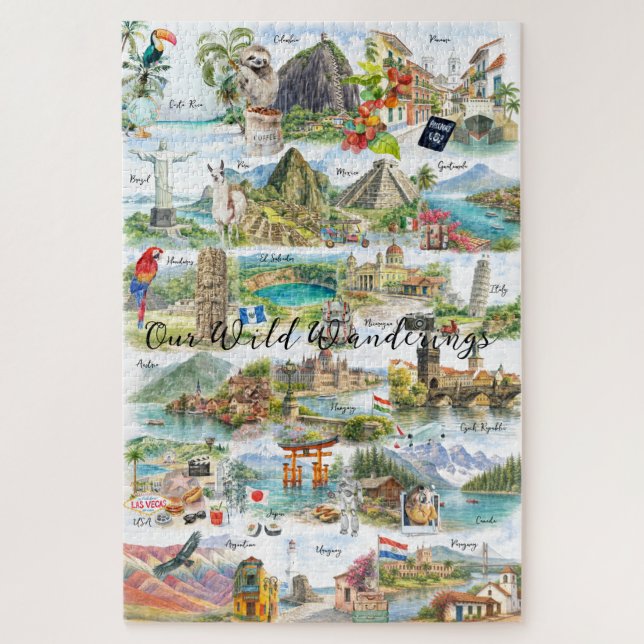 Quebra-cabeça Aquarela Colagem de Viagens Wanderlust (Vertical)