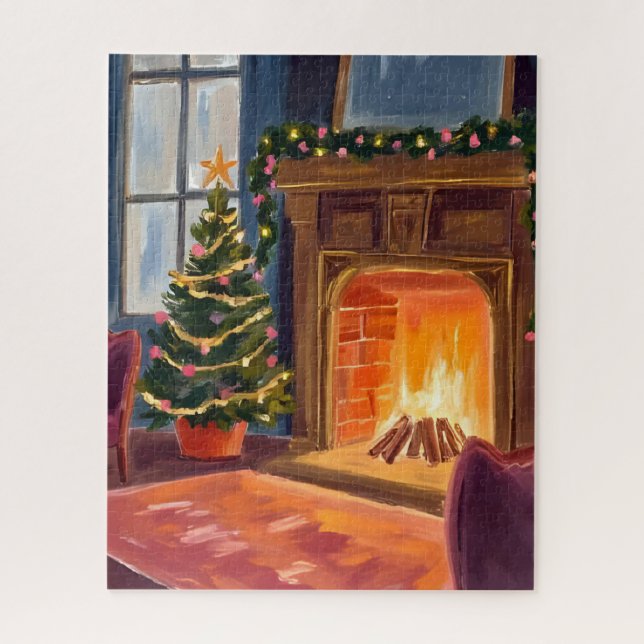 Quebra-cabeça Aquarela da Lareira da Manhã de Natal (Vertical)