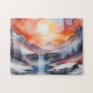 Quebra-cabeça Aquarela das montanhas cobertas de neve sob o sol