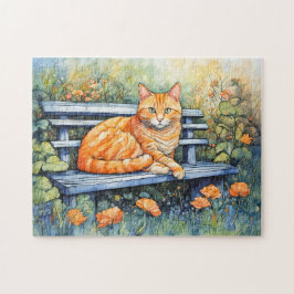 Quebra-cabeça Aquarela de Gato no Bench no Jardim Flor
