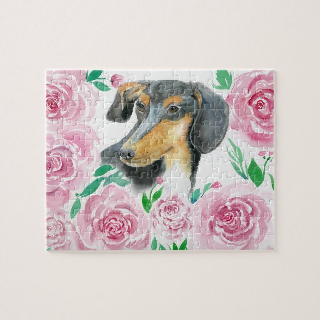 Quebra-cabeça Aquarela De Um Dachshund Com Rosas Rosa (Horizontal)