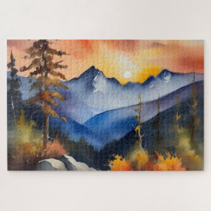 Quebra-cabeça Aquarela do nascer do sol sobre as montanhas cober