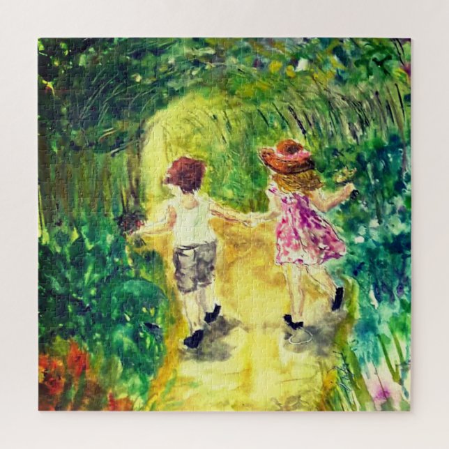 Quebra-cabeça Aquarela - Felicidade - Menininha e Menino Bonitos (Vertical)