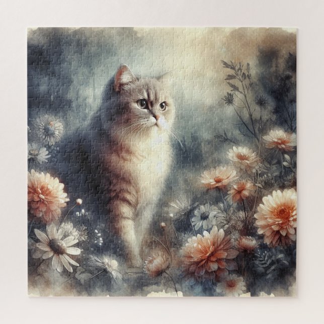 Quebra-cabeça Aquarela Gato & Floral  (Vertical)