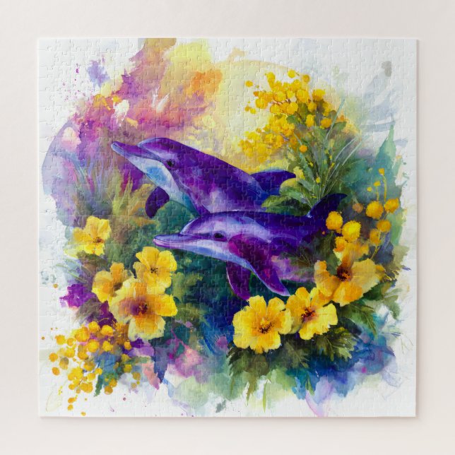 Quebra-cabeça Aquarela Golfinhos Flores Tropicais Oceano (Vertical)