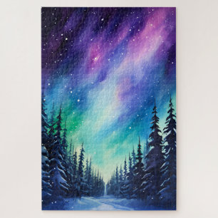 Quebra-cabeça Aquarela Luzes do Norte aurora boreal