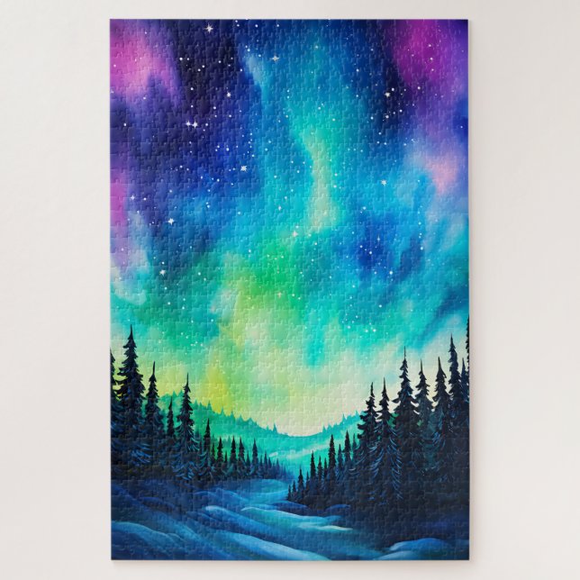 Quebra-cabeça Aquarela Luzes do Norte aurora boreal  (Vertical)