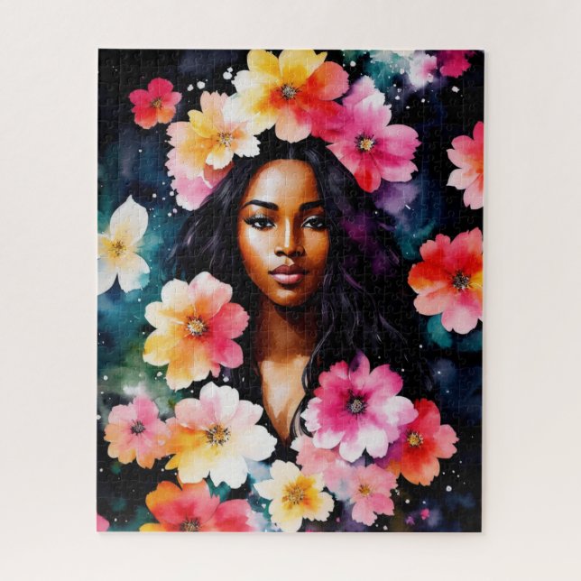 Quebra-cabeça Aquarela Negra Mulher Floral (Vertical)