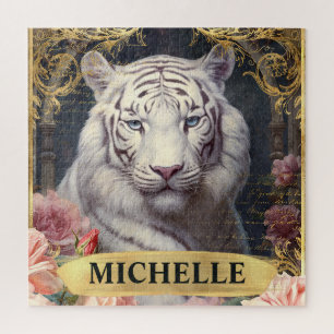 Quebra-cabeça Aquarela Tigre Branco Vintage e Rosas Rosas