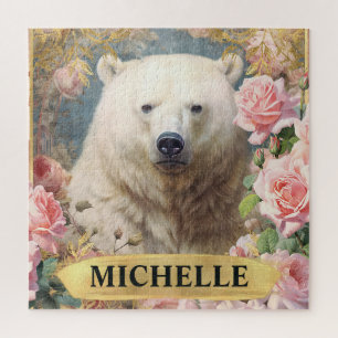 Quebra-cabeça Aquarela Urso Polar Vintage e Rosas Pink