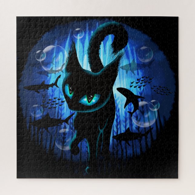 Quebra-cabeça Aquático - Gato Surreal na Fantasia do Oceano Prof (Vertical)