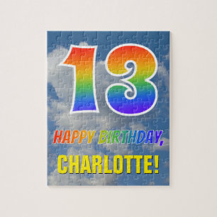 Quebra-cabeça Arco-Íris "13" e "FELIZ ANIVERSÁRIO", céu nublado