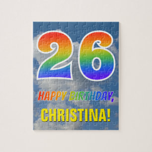 Quebra-cabeça Arco-Íris "26" e "FELIZ ANIVERSÁRIO", céu nublado