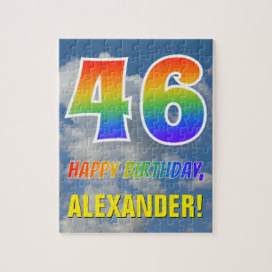 Quebra-cabeça Arco-Íris "46" e "FELIZ ANIVERSÁRIO", céu nublado