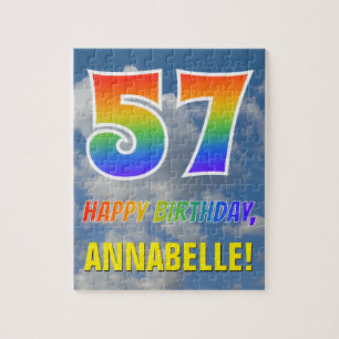 Quebra-cabeça Arco-Íris "57" e "FELIZ ANIVERSÁRIO", céu nublado