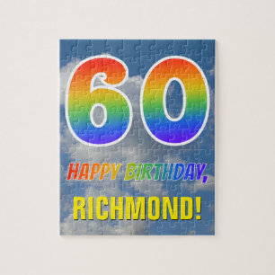 Quebra-cabeça Arco-Íris "60" e "FELIZ ANIVERSÁRIO", céu nublado