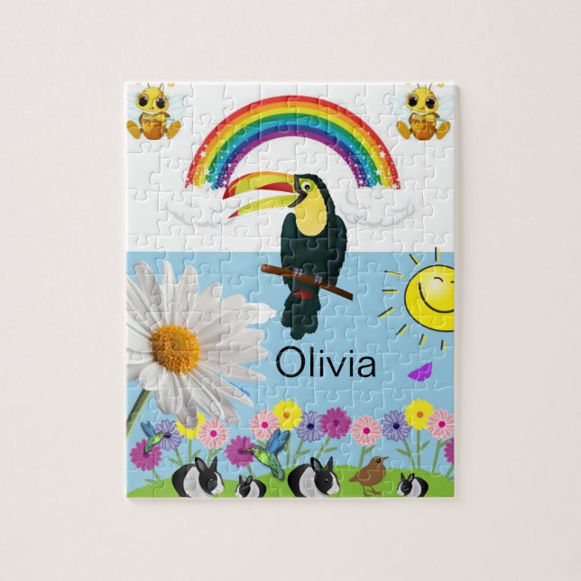 Quebra-cabeça Arco-Íris Coelhos Coelhos Sol Floral (Vertical)