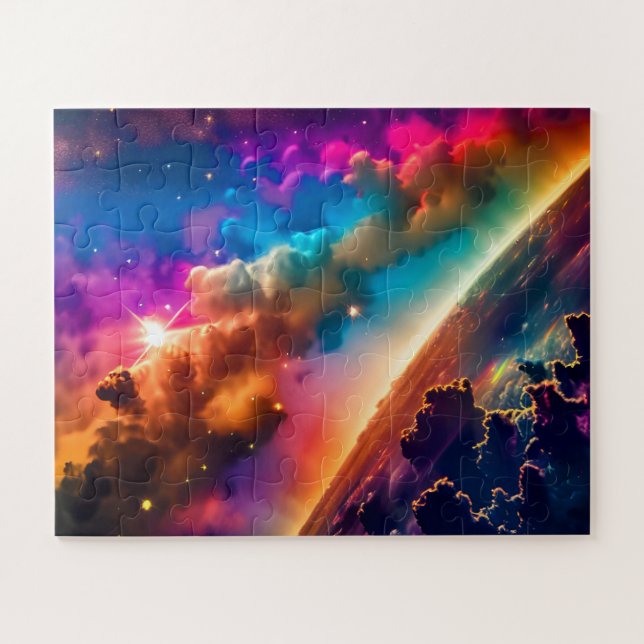 Quebra-cabeça Arco-Íris Cósmico brilha na cena espacial turva ex (Horizontal)