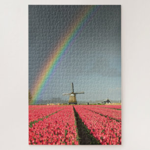 Quebra-cabeça Arco-íris, tulipas e moinho de vento em Holland