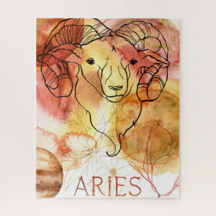 Quebra-cabeça Aries Ram zodiac - planetas de ouro vermelho flore
