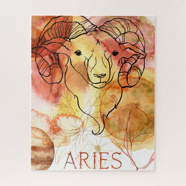 Quebra-cabeça Aries Ram zodiac - planetas de ouro vermelho flore (Vertical)