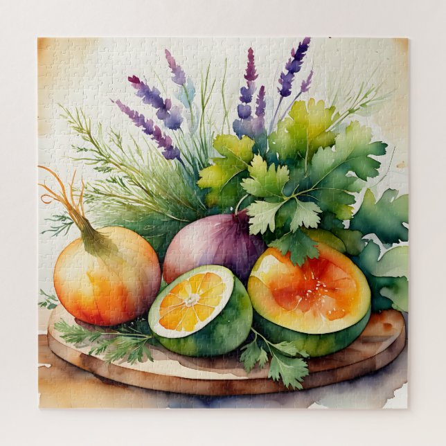 Quebra-cabeça Arranjo de Ervas Frescas Citrino em Aquarela (Vertical)