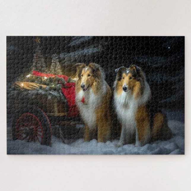Quebra-cabeça Arranjo de Natal de Collie Snowy Sleigh (Horizontal)