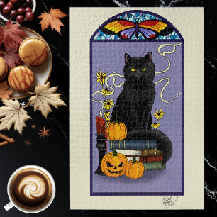 Quebra-cabeça Art Nouveau Gato Preto Abóbora Roxo Outono Amarelo