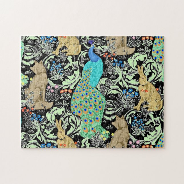 Quebra-cabeça Art Nouveau Peacock Impressão, Turquoise e Neutral (Horizontal)