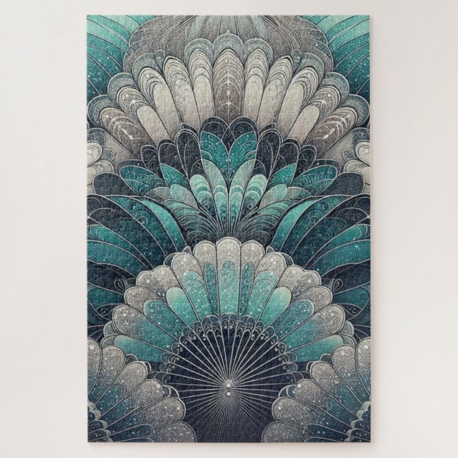 Quebra-cabeça Art Nouveau Ventiladores Azuis e Prateados (Vertical)