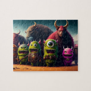 Quebra-cabeça Arte 3D Fantasia Monstros Verdes Engraçados Fofos