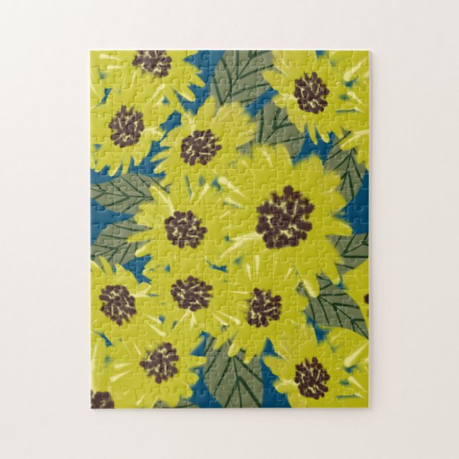 Quebra-cabeça Arte Botânico de Girassol Amarelo Azul (Vertical)