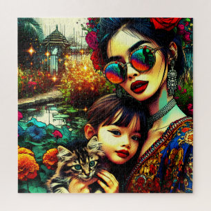 Quebra-cabeça Arte Colorida Mãe e Filha do Jardim Flor Asiático