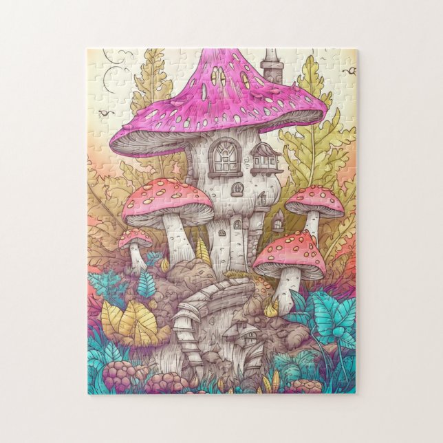Quebra-cabeça Arte da Ilustração da Aldeia de Mushroom Retro (Vertical)