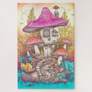Quebra-cabeça Arte da Ilustração da Aldeia de Mushroom Retro