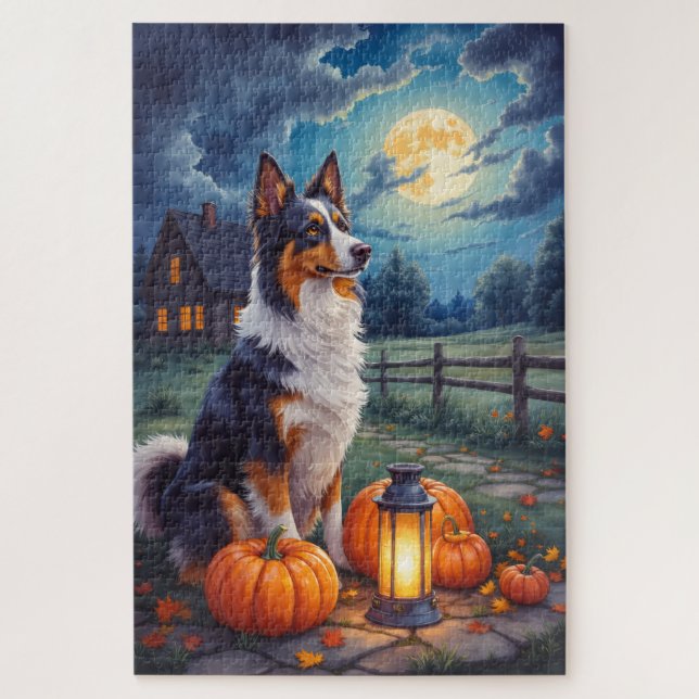 Quebra-cabeça Arte da Lua Cheia de Halloween do Australian Sheph (Vertical)