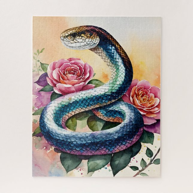 Quebra-cabeça Arte de Aquarela Floral Cobra Colorida (Vertical)